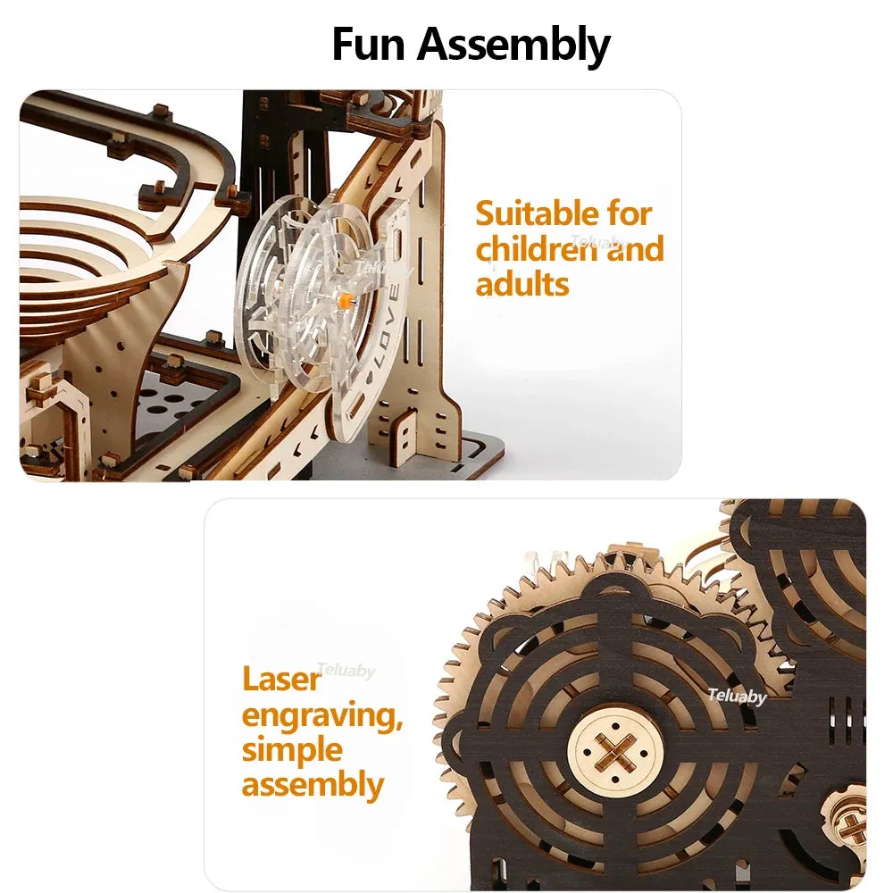 DIY Assemble 3D Wooden Puzzle Marble Run Set - Mechanical Model Building Kits for Adult Kids - STEAM Educational Toys and Gifts