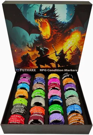 DND Gift in Exceptional Storage Box - Marseille jupiter RPG Accessories for Unforgettable Dungeons and Dragons Nights Futhark DND Condition Rings Set: 112 Vibrant DND Condition Markers to Eliminate Confusion - Great 