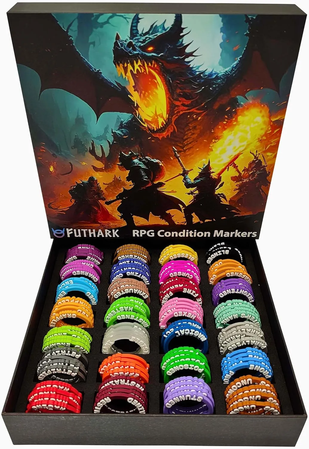 DND Gift in Exceptional Storage Box - Marseille jupiter RPG Accessories for Unforgettable Dungeons and Dragons Nights Futhark DND Condition Rings Set: 112 Vibrant DND Condition Markers to Eliminate Confusion - Great 
