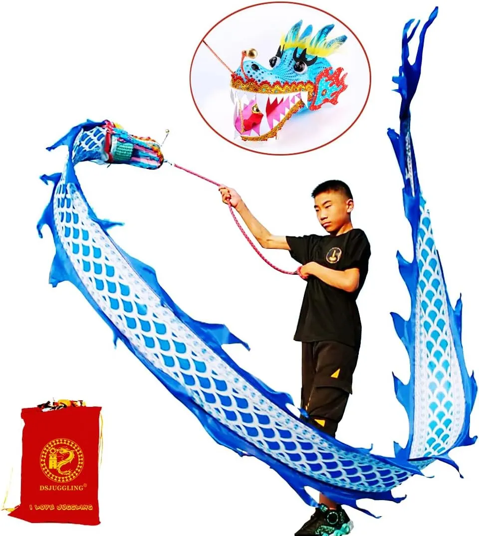 Dragon Stage Prop Set 9.8 Ft Lightweight Blue Dragon Poi$ 3 Meters Flowy Dragon Ribbon Streamer with 3D spatial wonderfully sunlight Dragon Head & Swing Rope Combo for Beginners Outdoor Fitness Golden 