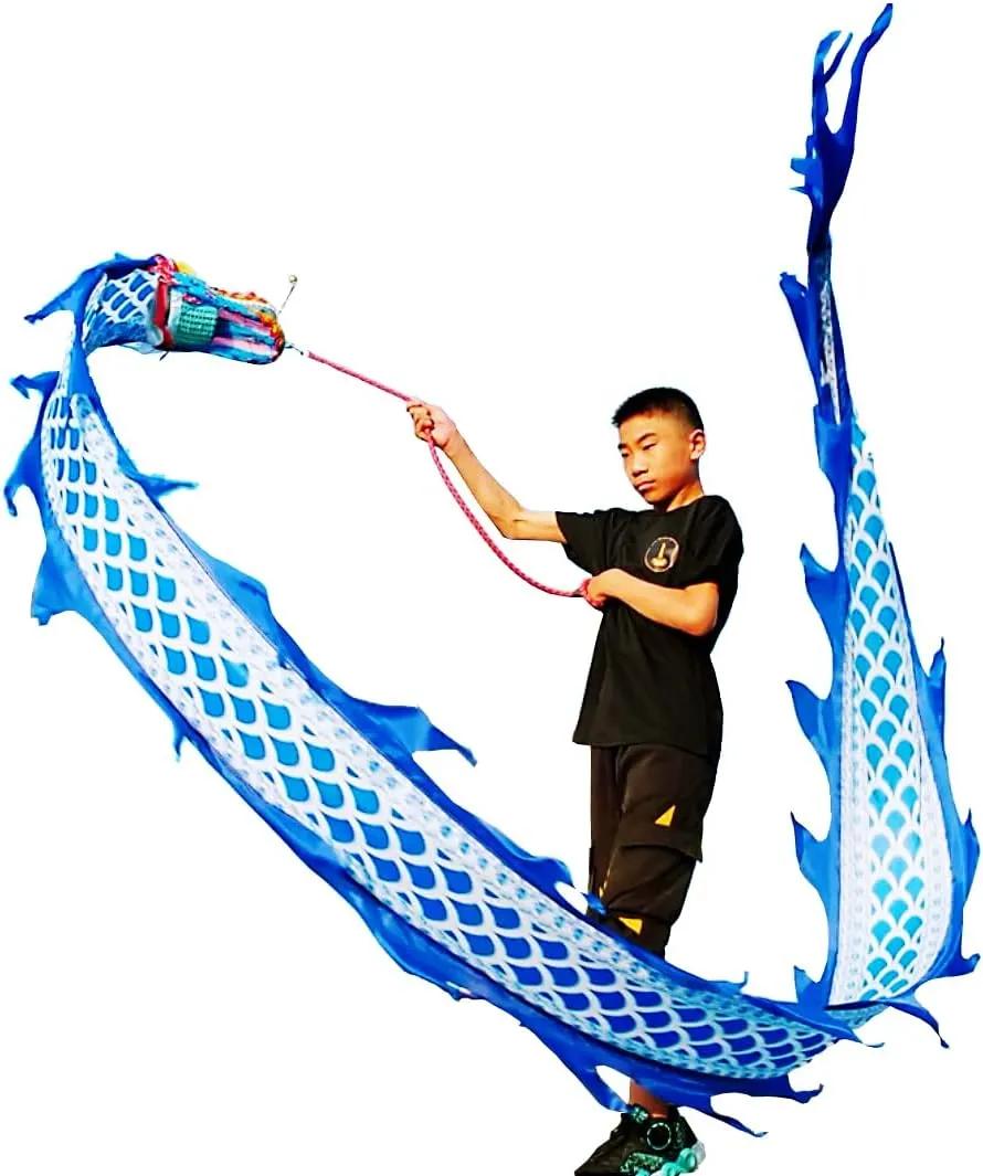 Dragon Stage Prop Set 9.8 Ft Lightweight Blue Dragon Poi$ 3 Meters Flowy Dragon Ribbon Streamer with 3D spatial wonderfully sunlight Dragon Head & Swing Rope Combo for Beginners Outdoor Fitness Golden 