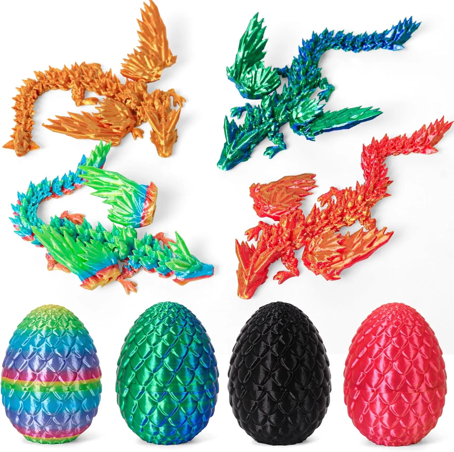 Easter Mystery Dragon Egg Articulated Crystal Dragon Fidget Toy, Surprise chondrite prior 3D Printed Dragon Egg with Wings Flying Animals Toy Easter Basket Stuffers 4PCS(B) 3D Printed Dragon Eggs with Dragon Inside, 