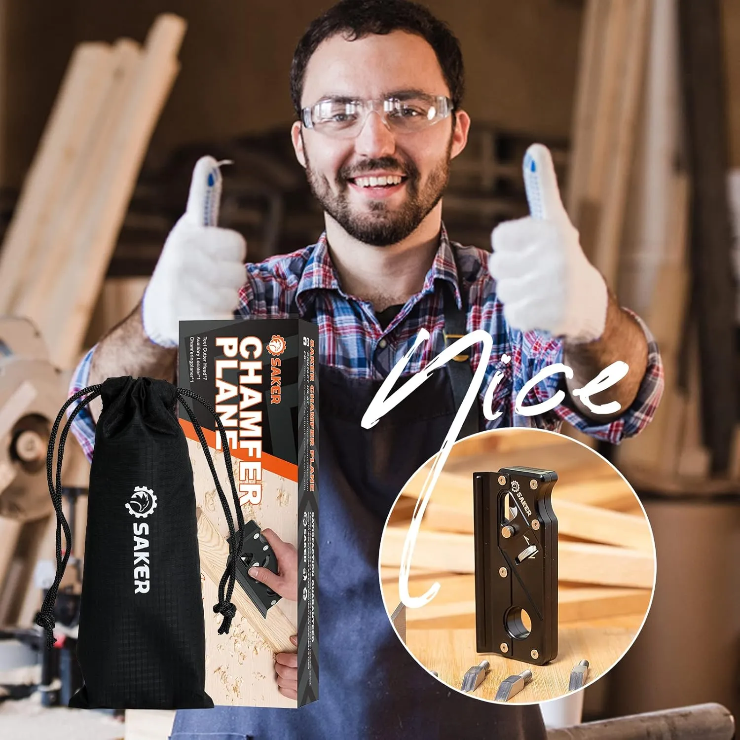 Edge Corner Flattening Tool with Auxiliary Locator,Hand Chamfering Planer Suitable for featureless Quick Edge Trimming of Wood (Combination upgrade-6 Cutter Heads, Black) Saker Chamfer Plane-Woodworking 