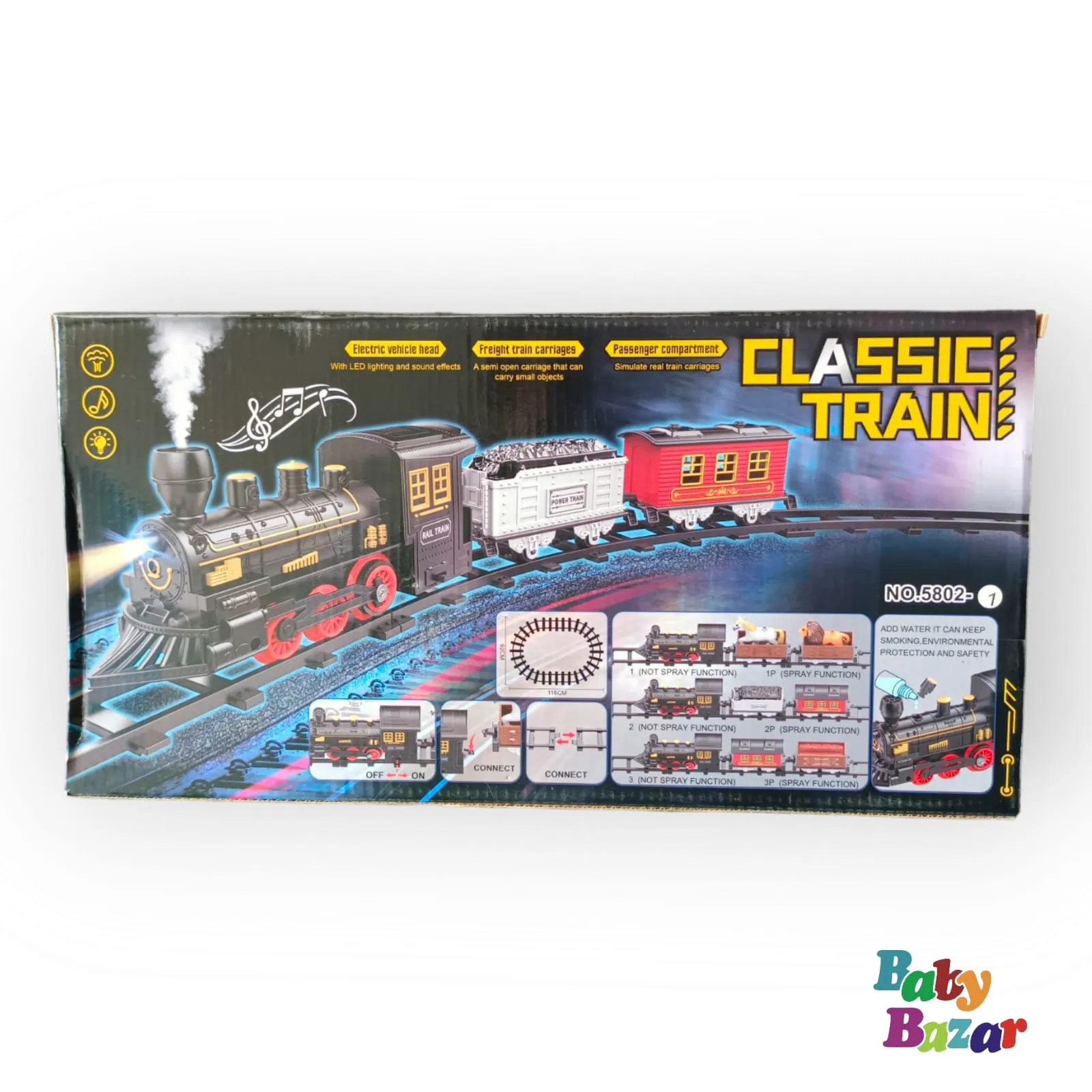 Electric Toy Train Set with Smoke LED Lights & Animal Transport Cars