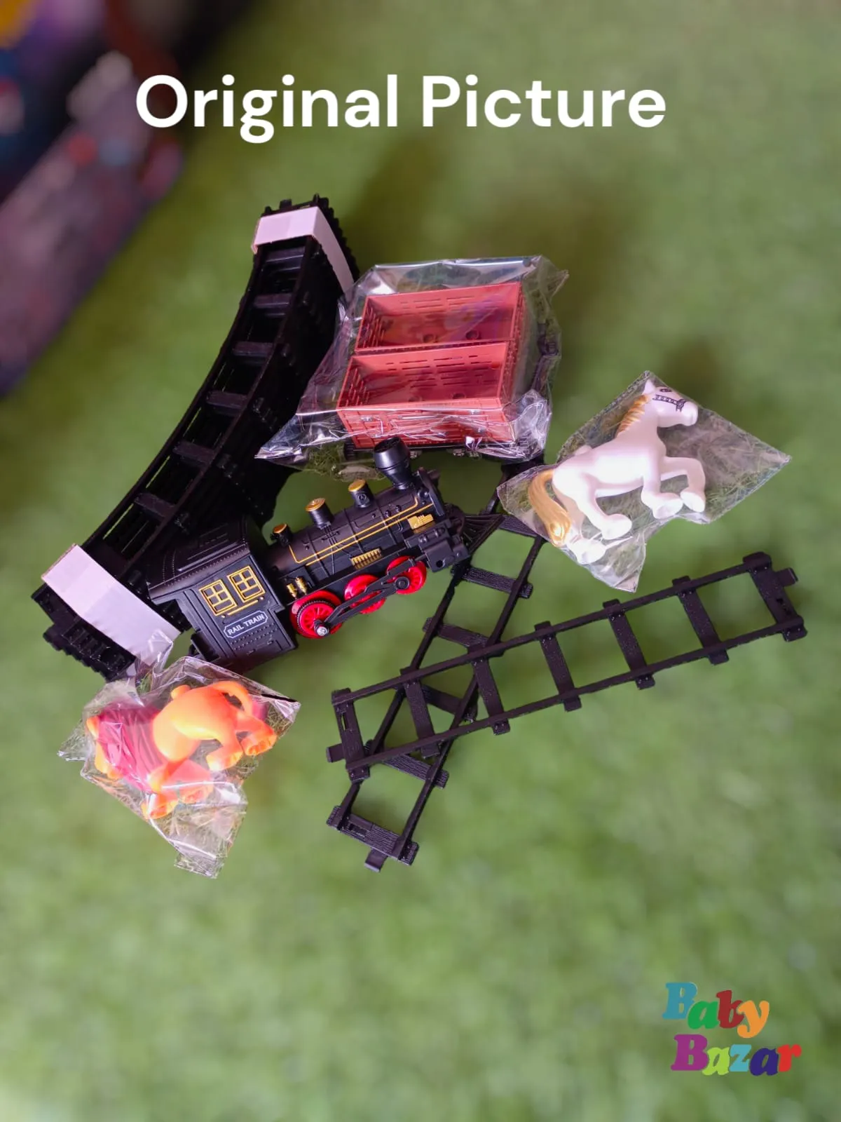 Electric Toy Train Set with Smoke LED Lights & Animal Transport Cars