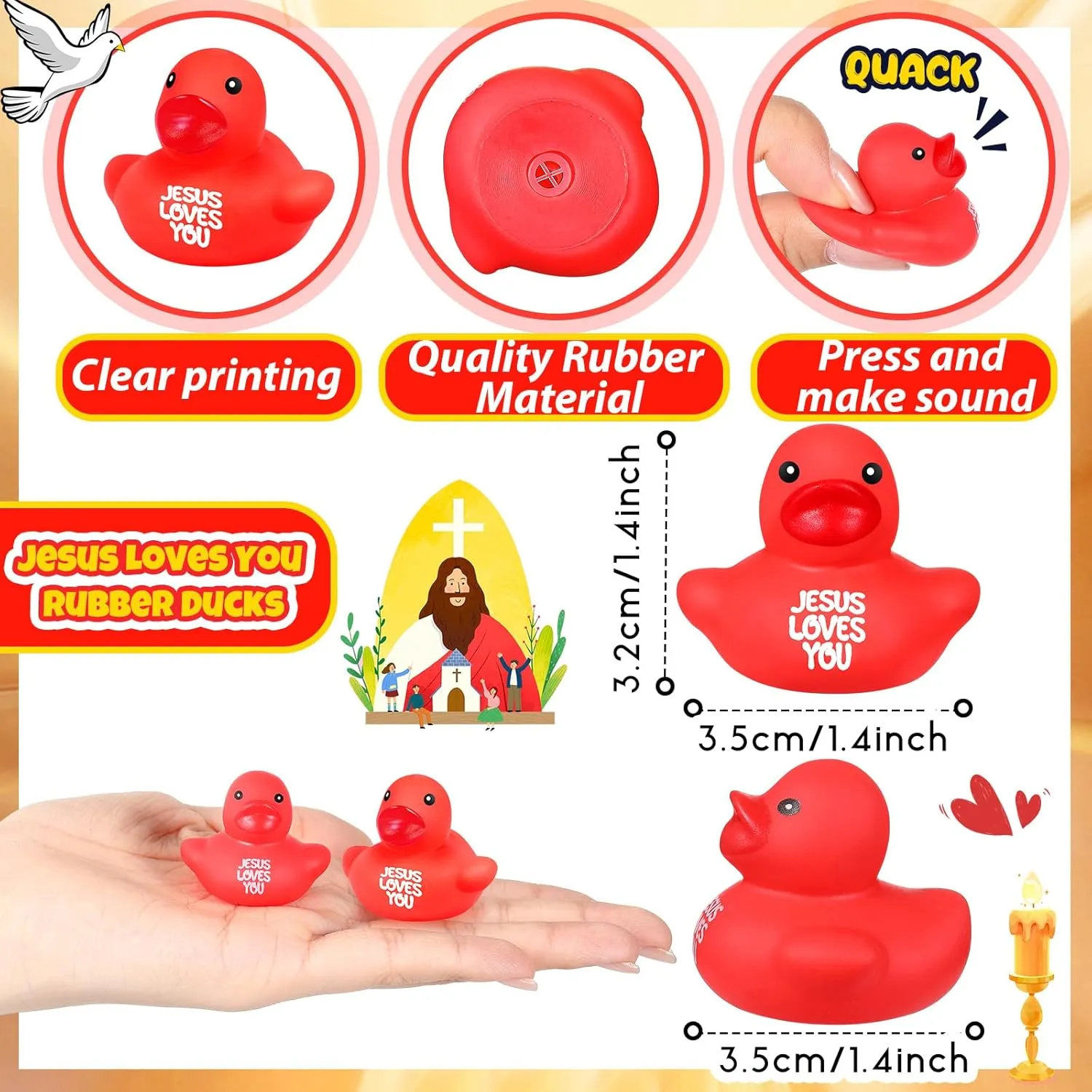 Favors Birthday Gifts Church Reward (1.4 Inch) Deekin 50 Pcs Jesus Loves You Rubber mission Ducks Red Rubber Ducks Baby Bath Toys for Baby Shower Pool Religious Party 