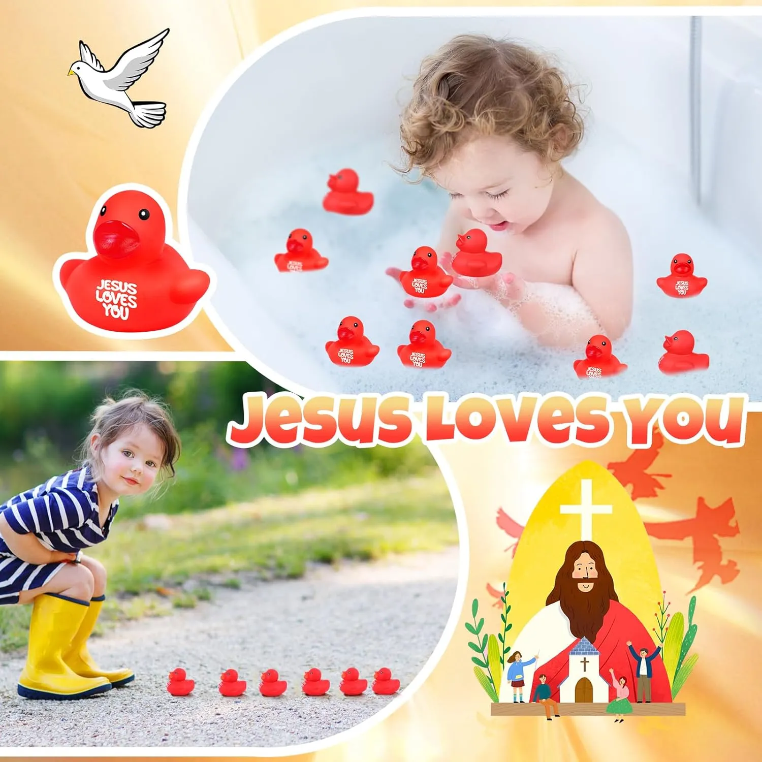 Favors Birthday Gifts Church Reward (1.4 Inch) Deekin 50 Pcs Jesus Loves You Rubber mission Ducks Red Rubber Ducks Baby Bath Toys for Baby Shower Pool Religious Party 