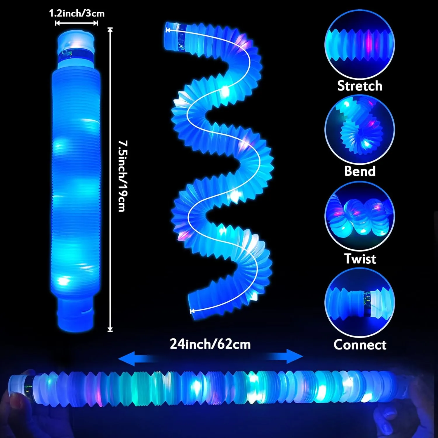 Favors for Kids Easter Basket$LED Sensory Fidget Tubes$Glow Necklace Bracelets for Goodie Bag Stuffers$Birthday Party Easter Gifts for authorize sinuous Boy Girl Blue Light Up Pop Tubes$24Pack Glow Sticks Party 