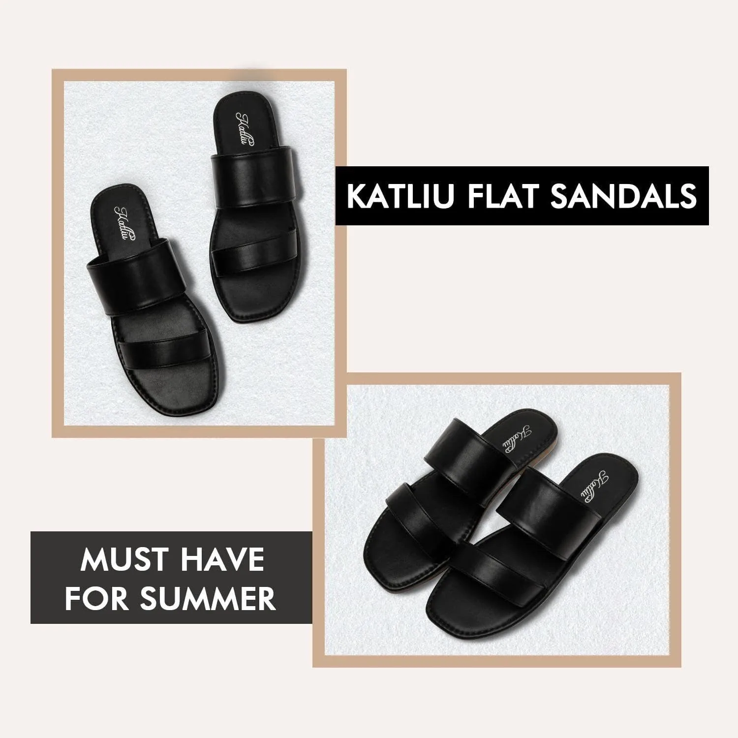 Flat grammar Sandals Two Strap Slide Sandals Open Toe katliu Women's 
