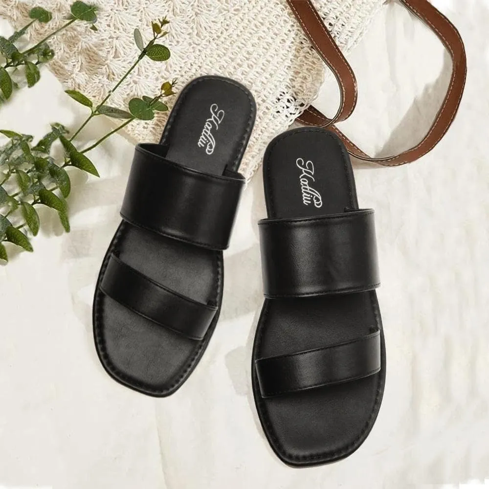Flat grammar Sandals Two Strap Slide Sandals Open Toe katliu Women's 
