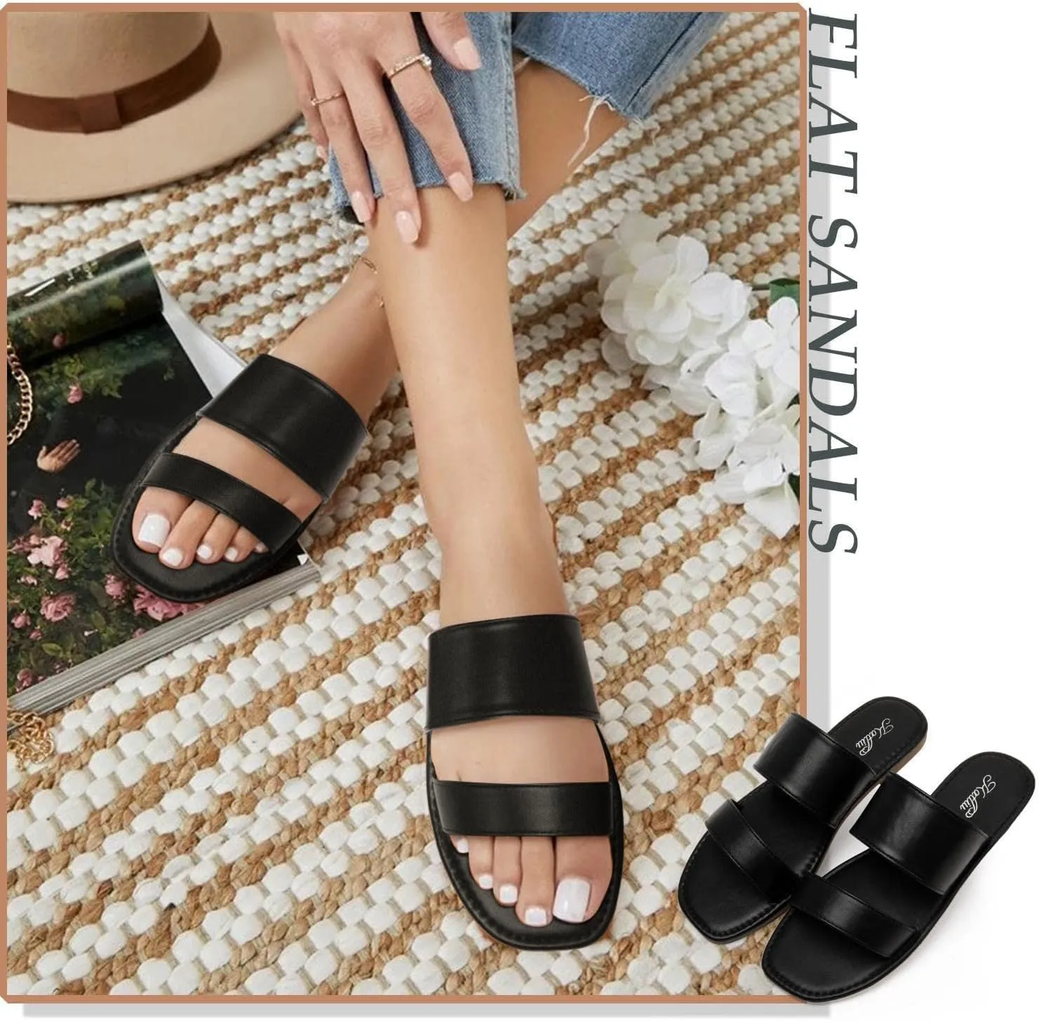 Flat grammar Sandals Two Strap Slide Sandals Open Toe katliu Women's 