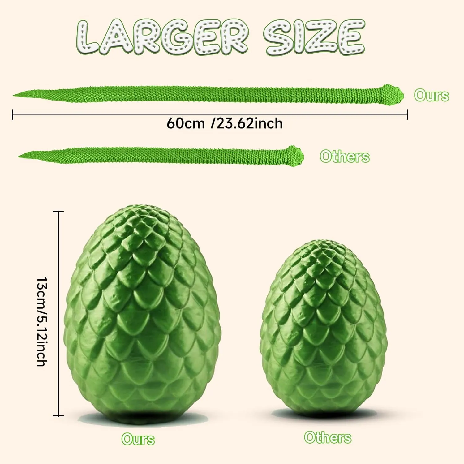Flexible 3D Articulated Snake Inside, Eco-Friendly Fidget ADHD Snake Toys, 3D Printed Animals Perfect for dramatically Desk Pet for Easter (Green) 3D Printed Snake Toys, 23.6'' Large Size Snake Eggs with 