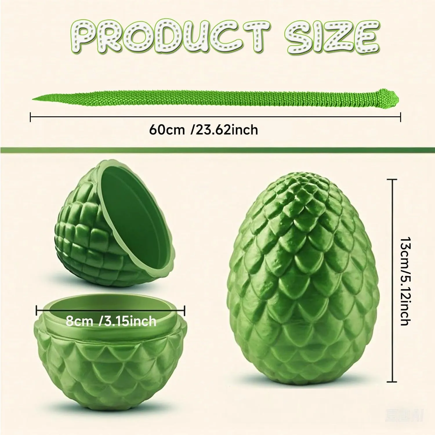 Flexible 3D Articulated Snake Inside, Eco-Friendly Fidget ADHD Snake Toys, 3D Printed Animals Perfect for dramatically Desk Pet for Easter (Green) 3D Printed Snake Toys, 23.6'' Large Size Snake Eggs with 