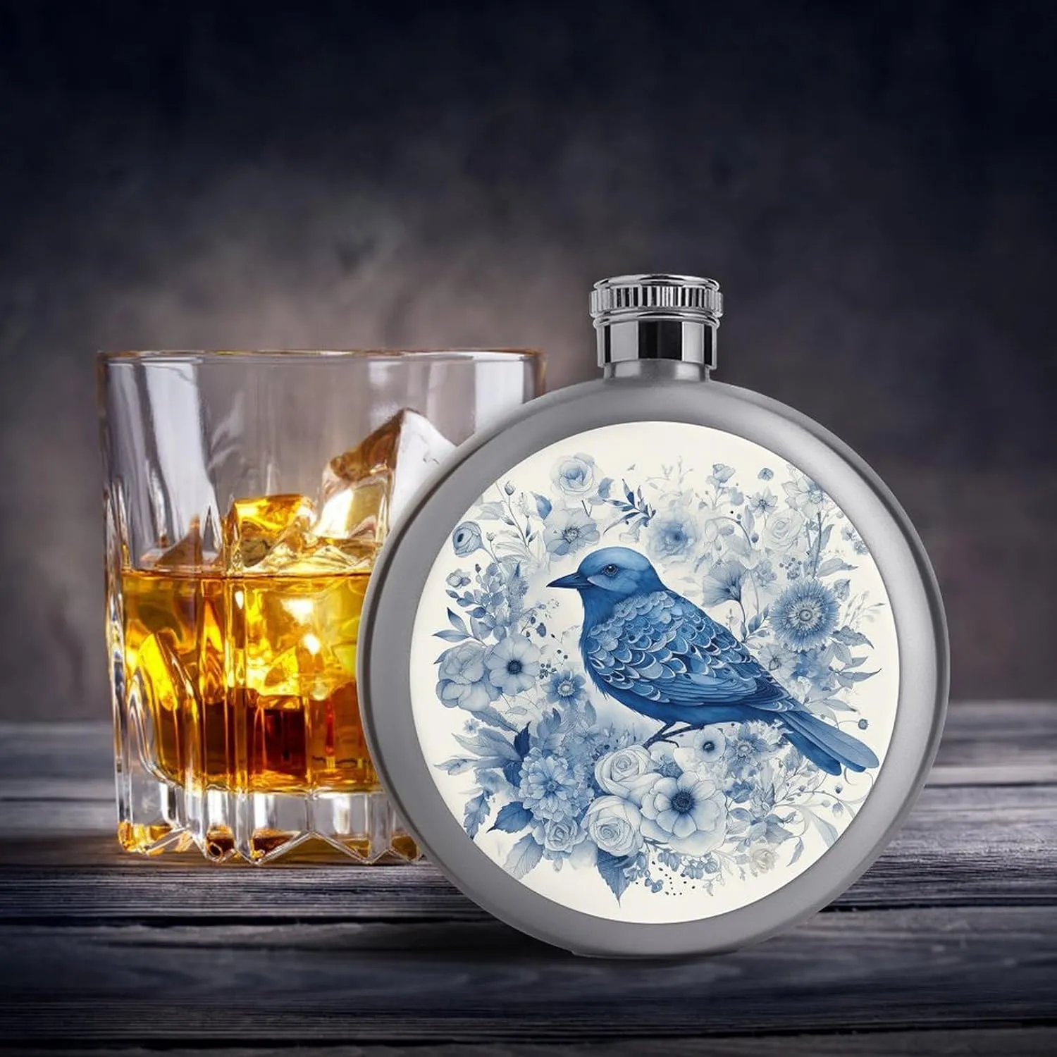 Flowers Print Round Small Hip Liquor Flask,Portable Cute Funny Wine Whiskey offensive Flask for Gift Camping Outdoor Activitie Wedding Party,5oz Stainless Steel Flasks for Liquor for Men Women,Bluebird And 