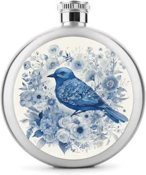 Flowers Print Round Small Hip Liquor Flask,Portable Cute Funny Wine Whiskey offensive Flask for Gift Camping Outdoor Activitie Wedding Party,5oz Stainless Steel Flasks for Liquor for Men Women,Bluebird And 