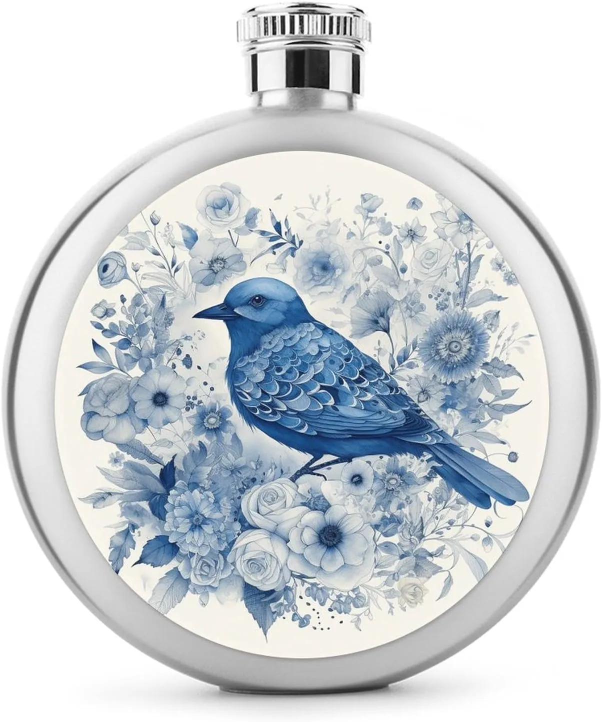 Flowers Print Round Small Hip Liquor Flask,Portable Cute Funny Wine Whiskey offensive Flask for Gift Camping Outdoor Activitie Wedding Party,5oz Stainless Steel Flasks for Liquor for Men Women,Bluebird And 