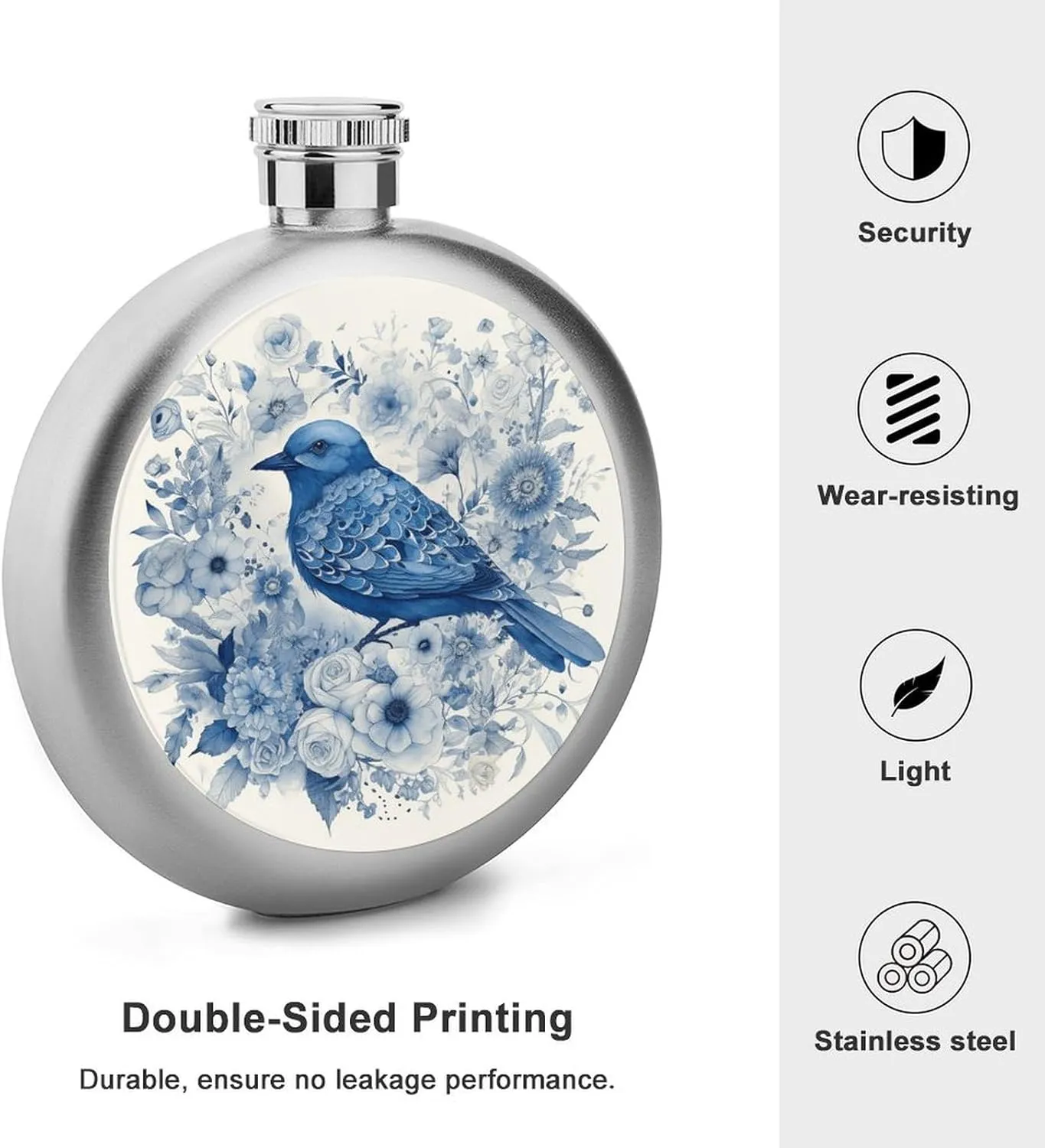 Flowers Print Round Small Hip Liquor Flask,Portable Cute Funny Wine Whiskey offensive Flask for Gift Camping Outdoor Activitie Wedding Party,5oz Stainless Steel Flasks for Liquor for Men Women,Bluebird And 