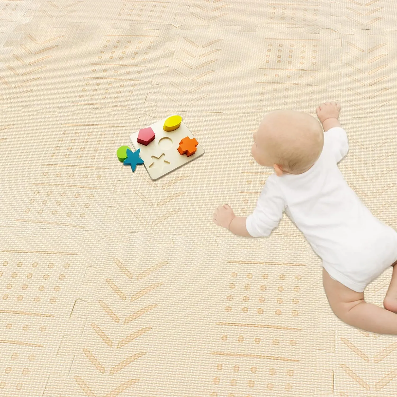 Foam Floor Mats for Tummy Time & Crawling, Puzzle Flooring Tiles with Laser Pattern for Kids. Beige. QL-91(J) b18N qqpp refrigerate drift unravel EVA 18 Tiles Baby Play Mat for Playing, Interlocking 