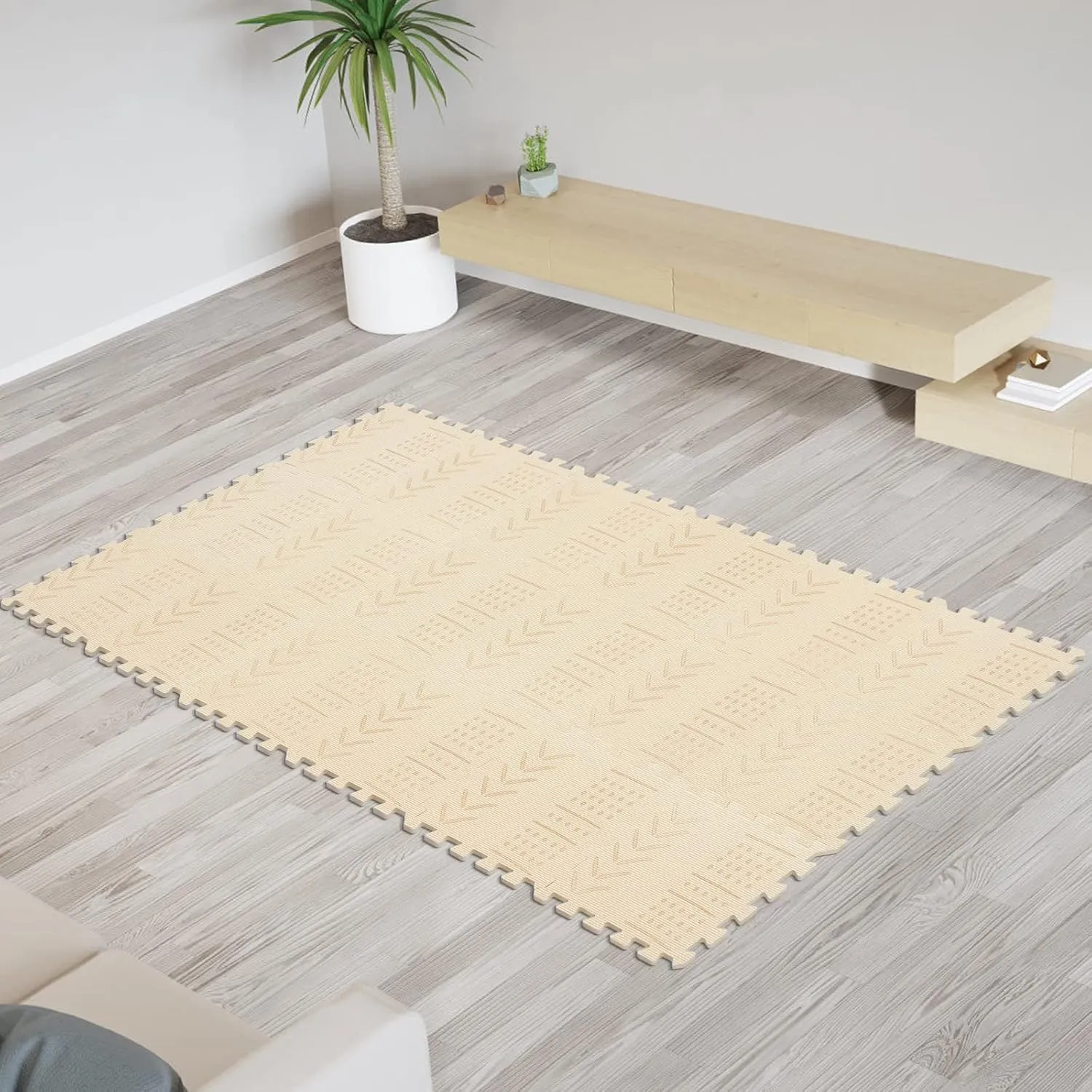 Foam Floor Mats for Tummy Time & Crawling, Puzzle Flooring Tiles with Laser Pattern for Kids. Beige. QL-91(J) b18N qqpp refrigerate drift unravel EVA 18 Tiles Baby Play Mat for Playing, Interlocking 