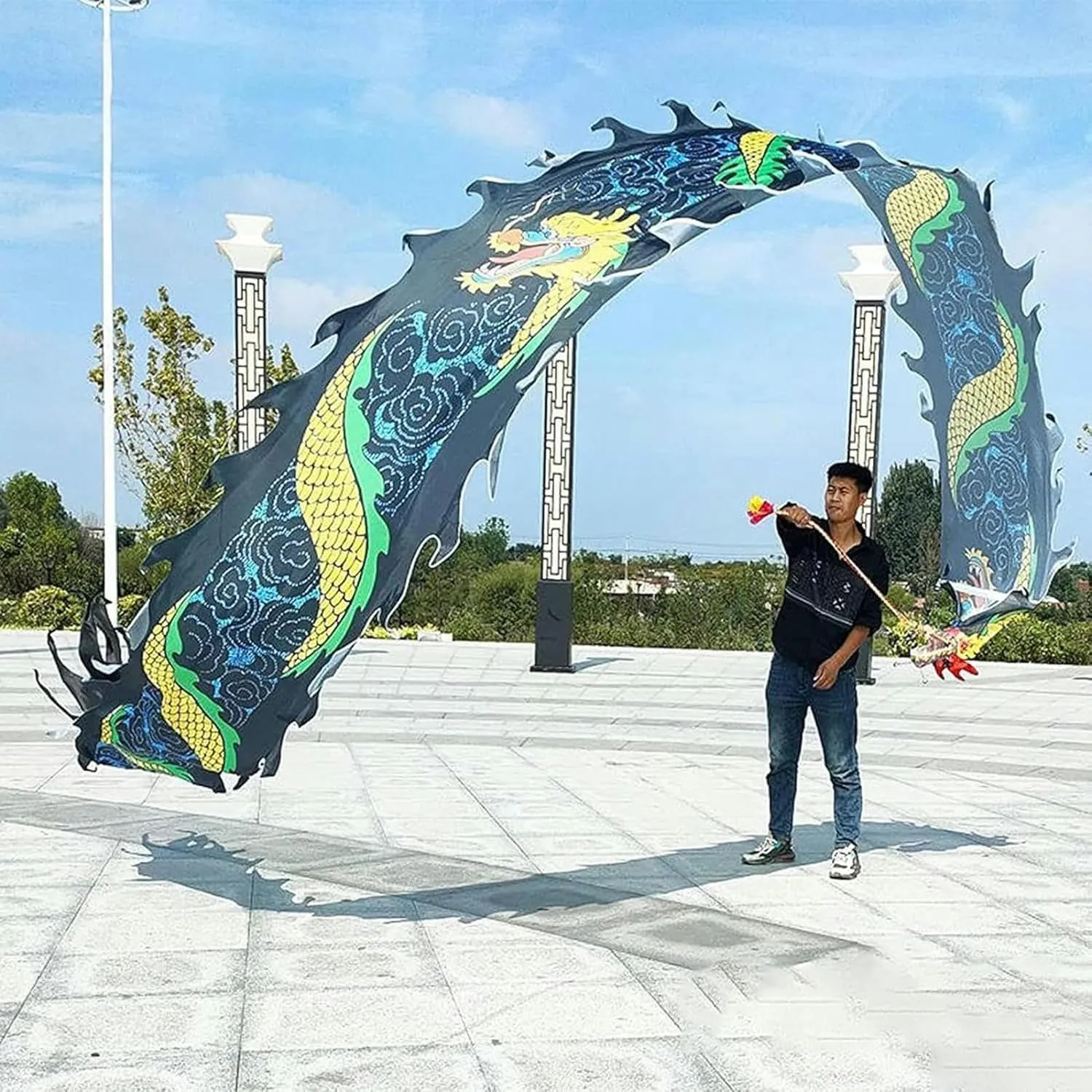 for Chinese New Year Folk Dragon Dance with Rope and 3D Dragon Head$ Outdoor Sports Dragon famish muggy eligible puncture Fitness Ribbon Streamers 