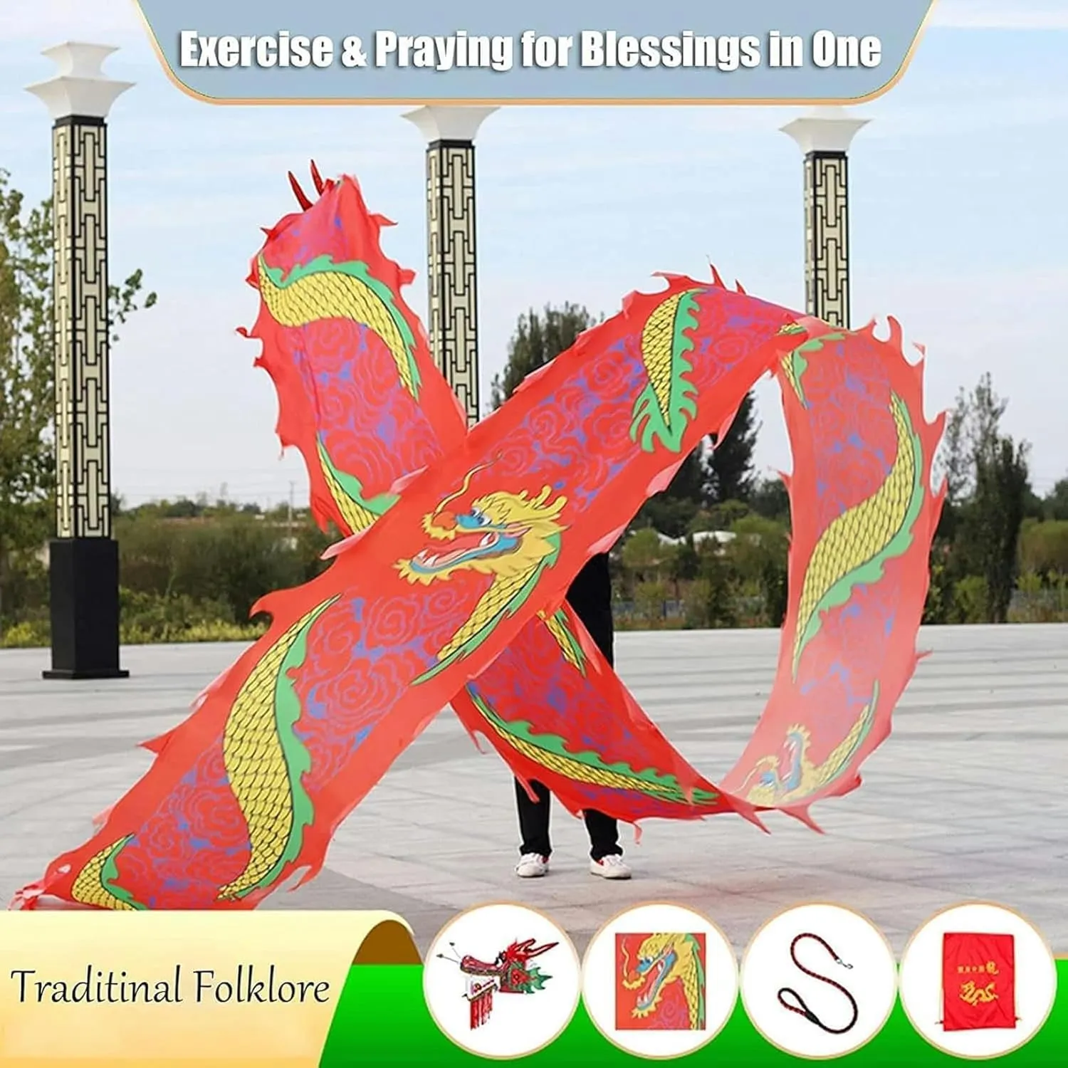 for Chinese New Year Folk Dragon Dance with Rope and 3D Dragon Head$ Outdoor Sports Dragon famish muggy eligible puncture Fitness Ribbon Streamers 