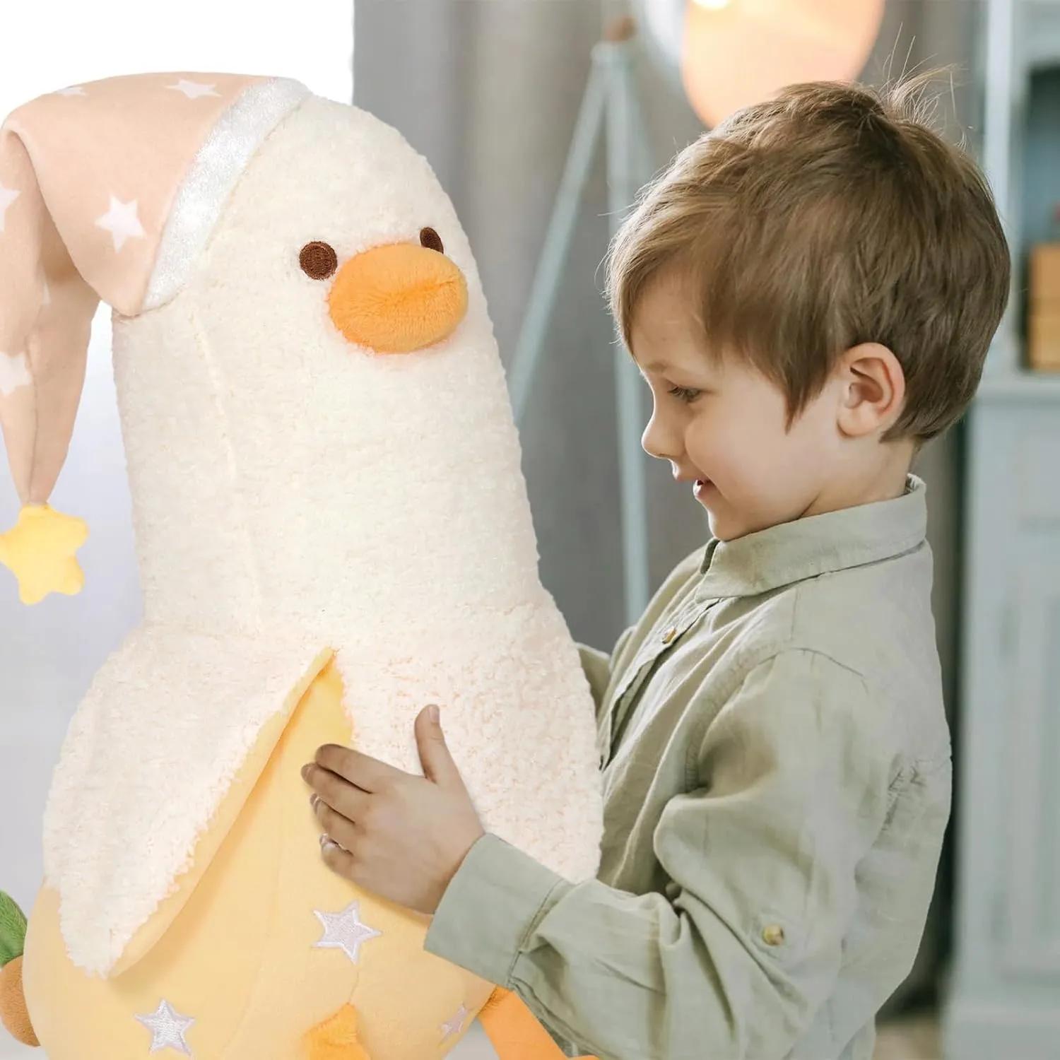 for interest thorn quench commission Kids White and Yellow 19.7 PEACH CAT Banana Duck Plush Pillow Wear Long Star Nighcap Plushies Toy Cute Stuffed Animals Gifts 