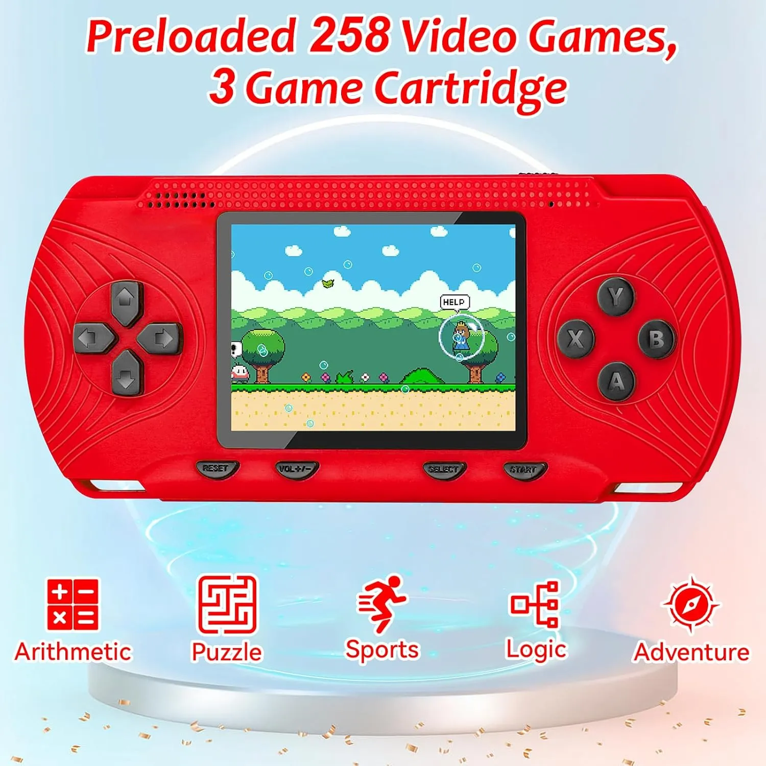 for Kids, Portable Hand Held Video Game Preloaded 258 Video Games & union 3 Cartridges, 3.0'' Large Screen, Rechargeable Battery, Birthday Xmas Gift for Kids 4-12 Handheld Game Console 