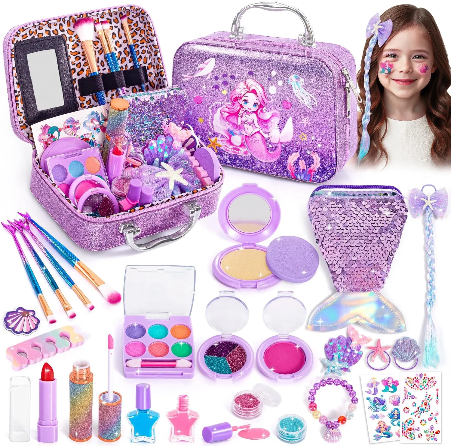 for Toddlers Toys, Washable Make Up Set Non-Toxic Mermaid Toys for Girls Purse, Princess Pretend Play Hair & Nail Polish Accessories, Christmas Birthday Gift Toys for Girls 3  Kids artiste Makeup 