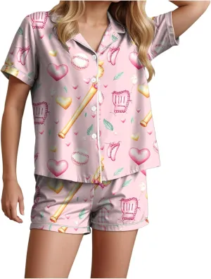 Funny Graphic Print V Neck Short Sleeve Button sunlight Shirt and Shorts Pjs Sets Summer Casual Sleepwear Womens Pajama Sets 