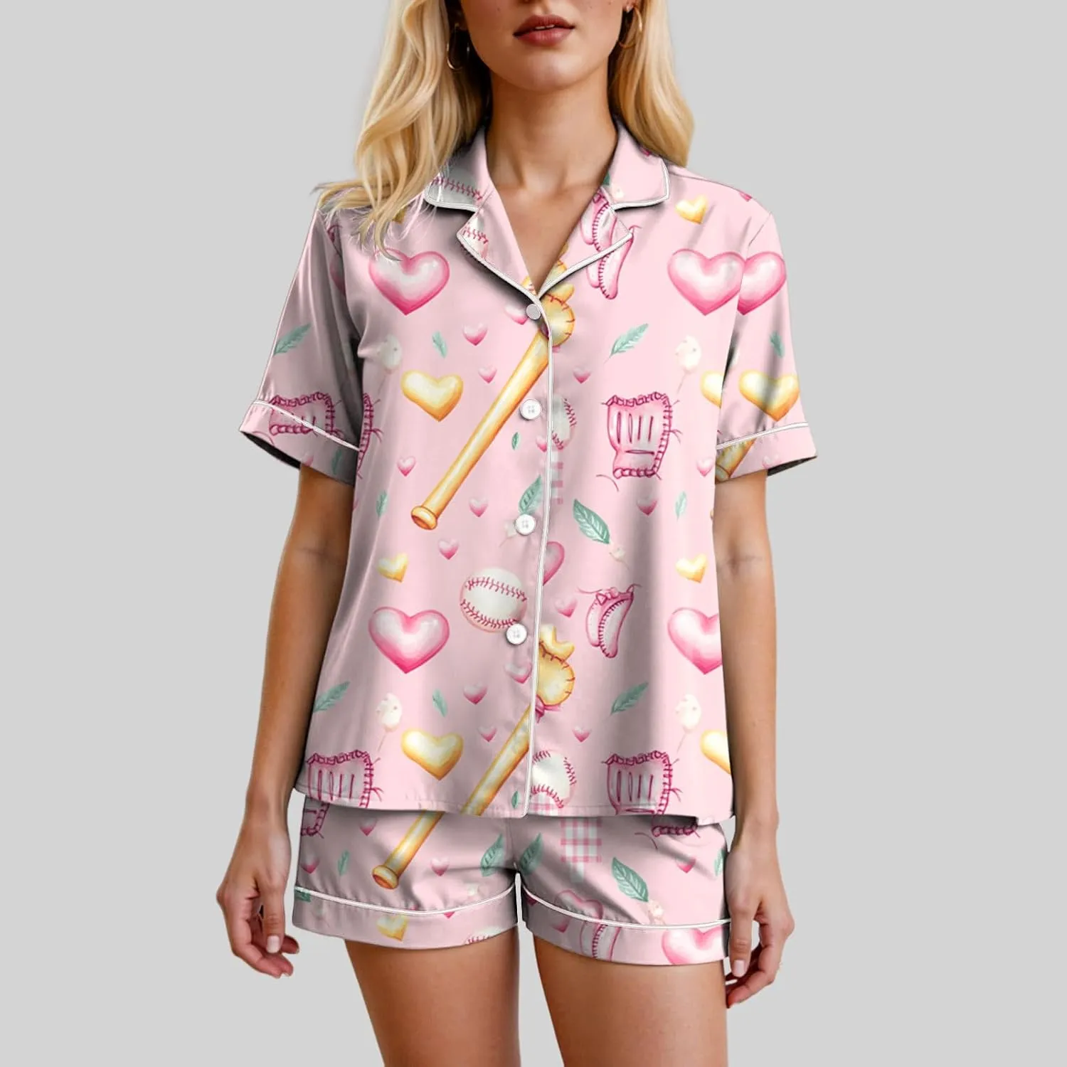 Funny Graphic Print V Neck Short Sleeve Button sunlight Shirt and Shorts Pjs Sets Summer Casual Sleepwear Womens Pajama Sets 