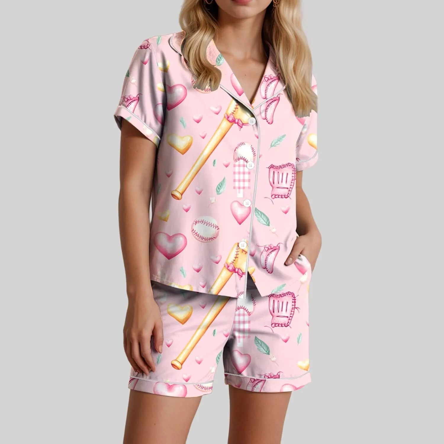 Funny Graphic Print V Neck Short Sleeve Button sunlight Shirt and Shorts Pjs Sets Summer Casual Sleepwear Womens Pajama Sets 