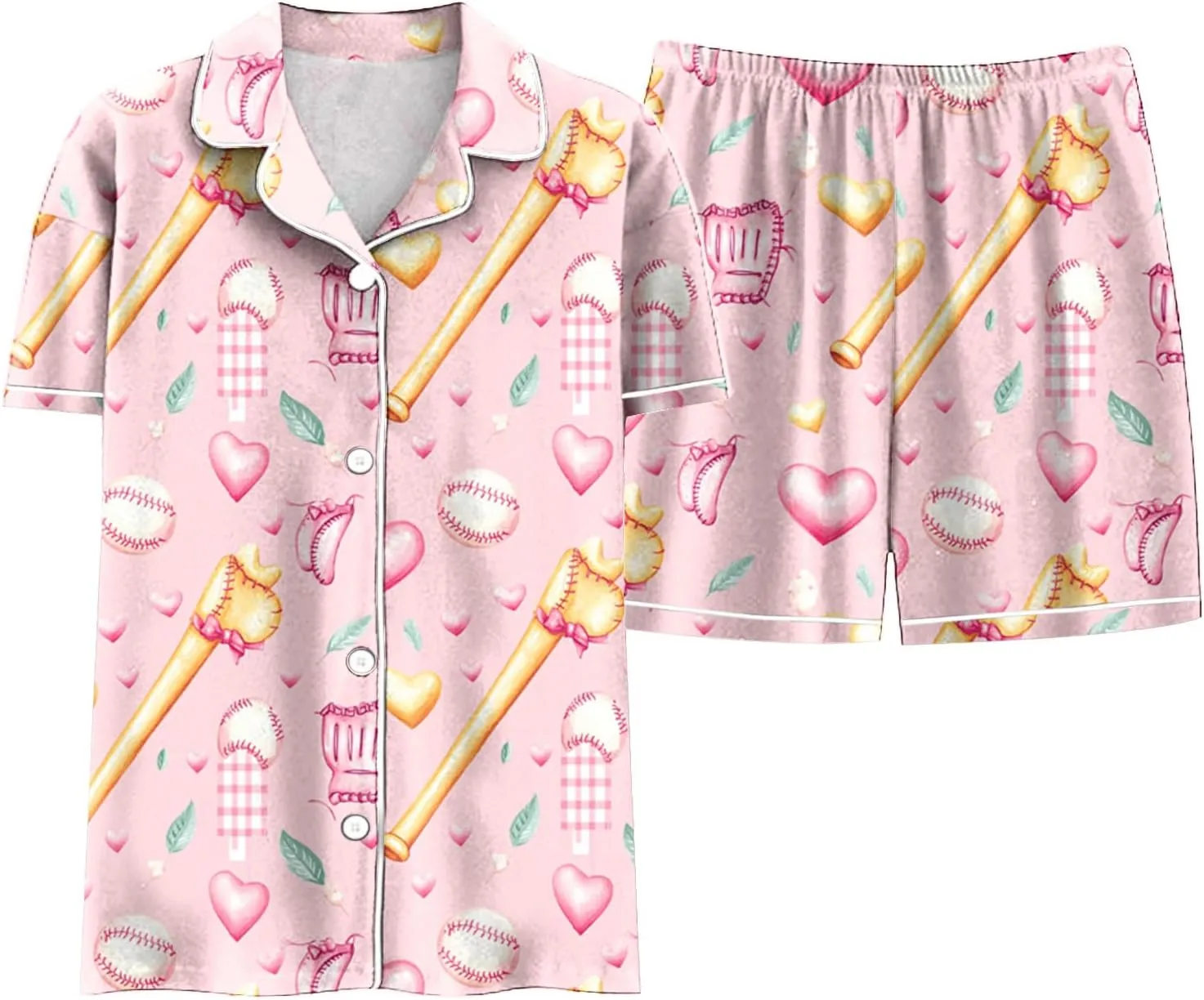 Funny Graphic Print V Neck Short Sleeve Button sunlight Shirt and Shorts Pjs Sets Summer Casual Sleepwear Womens Pajama Sets 