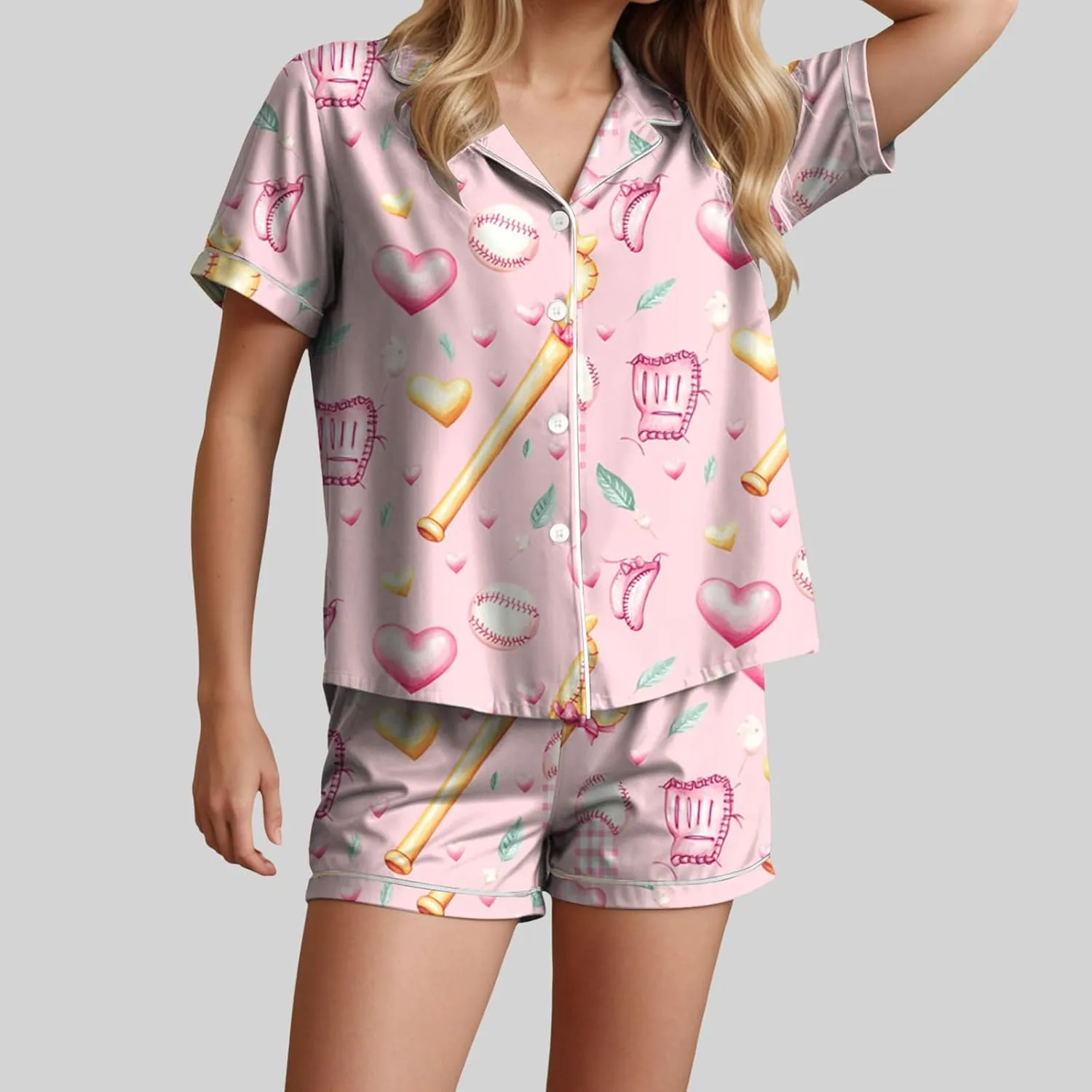 Funny Graphic Print V Neck Short Sleeve Button sunlight Shirt and Shorts Pjs Sets Summer Casual Sleepwear Womens Pajama Sets 