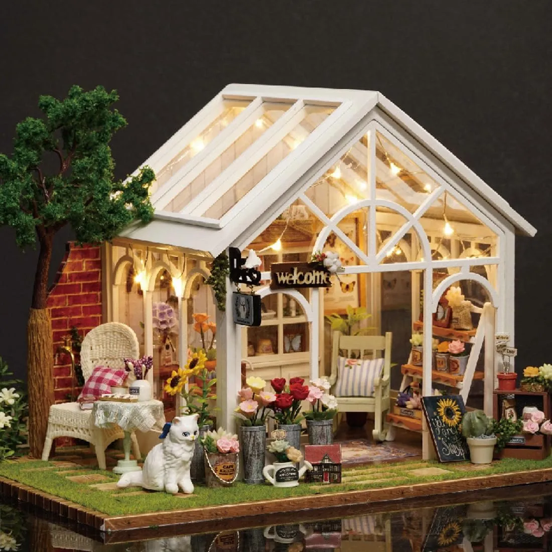 Furniture & direct roam LED Light, Creative Dollhouse Kit, Model Building Kit for Adults, Kids (Garden House) DIY Miniature House Kit, Wooden Garden Mini House with 