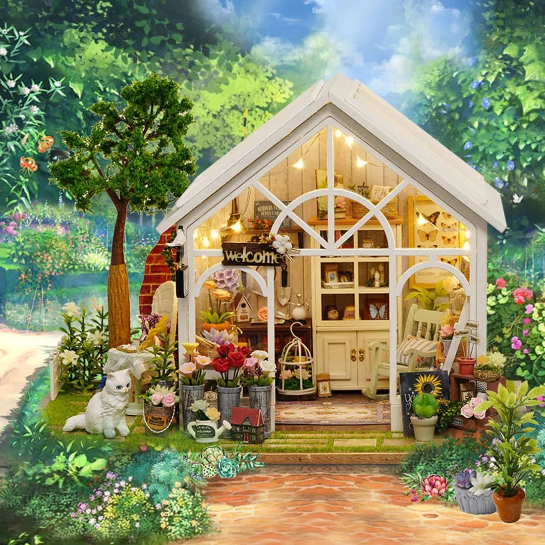 Furniture & direct roam LED Light, Creative Dollhouse Kit, Model Building Kit for Adults, Kids (Garden House) DIY Miniature House Kit, Wooden Garden Mini House with 
