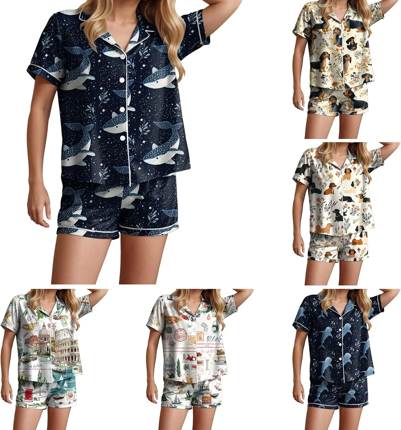 gait anarchist Loungewear V Neck Sleepwear Pjs Sets Womens Pajama Sets Graphic Printed Short Sleeve Button Shirt and Shorts Sets 
