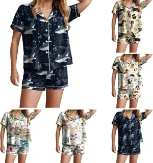 gait anarchist Loungewear V Neck Sleepwear Pjs Sets Womens Pajama Sets Graphic Printed Short Sleeve Button Shirt and Shorts Sets 