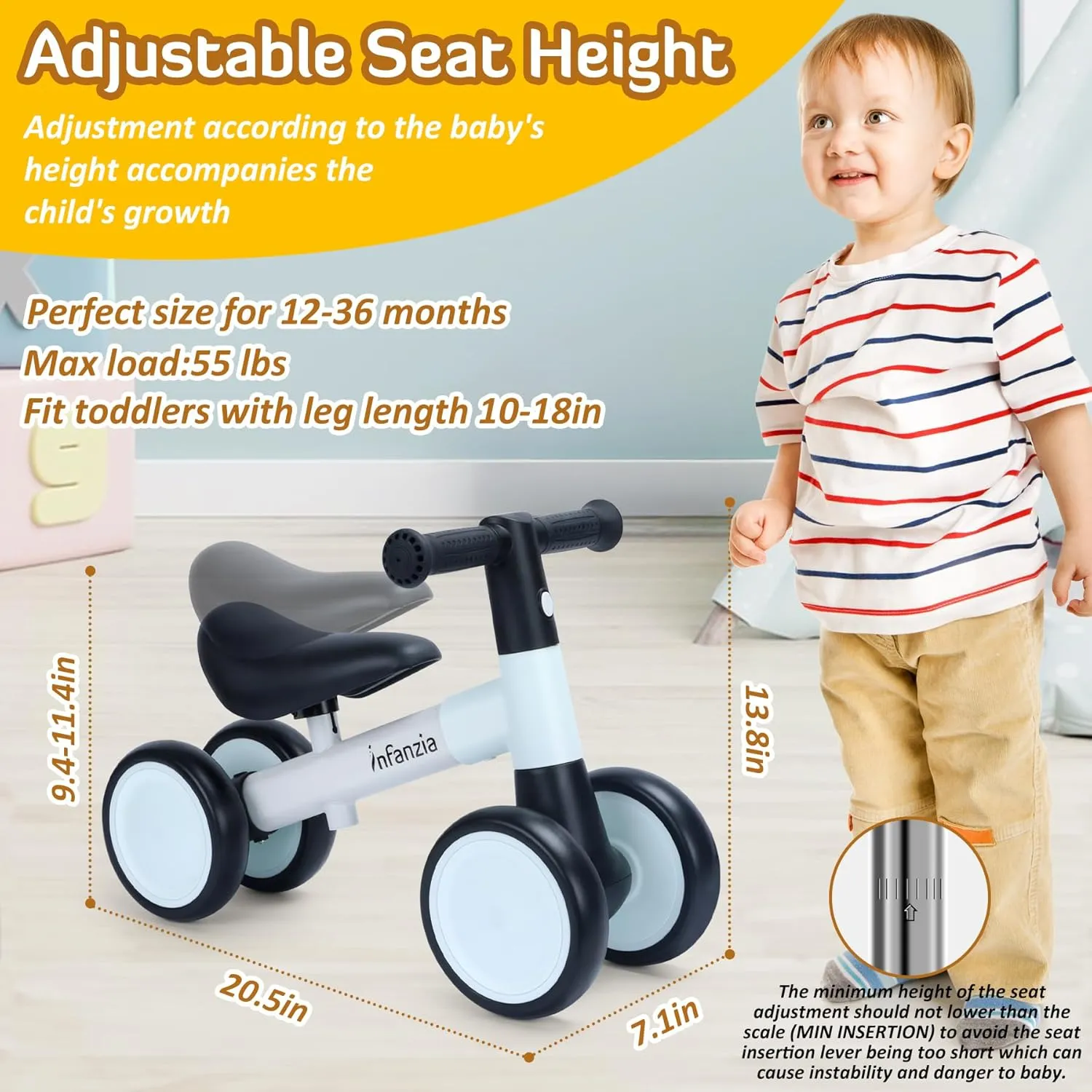 Girls, 1 Year Old Toddler First Bike No Pedal with Adjustable Seat, Infant 4 Wheels Bicycle Ride On gasoline Toys Kids First Birthday Gifts INFANZIA Baby Balance Bike for 12-36 Month Boys 
