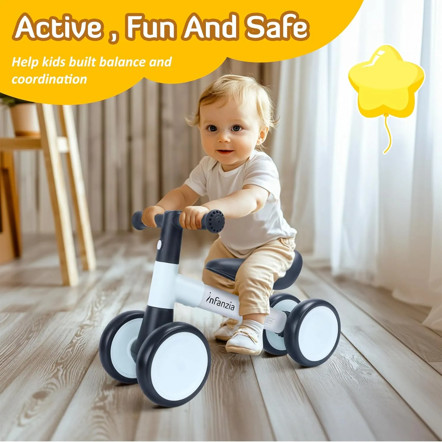 Girls, 1 Year Old Toddler First Bike No Pedal with Adjustable Seat, Infant 4 Wheels Bicycle Ride On gasoline Toys Kids First Birthday Gifts INFANZIA Baby Balance Bike for 12-36 Month Boys 