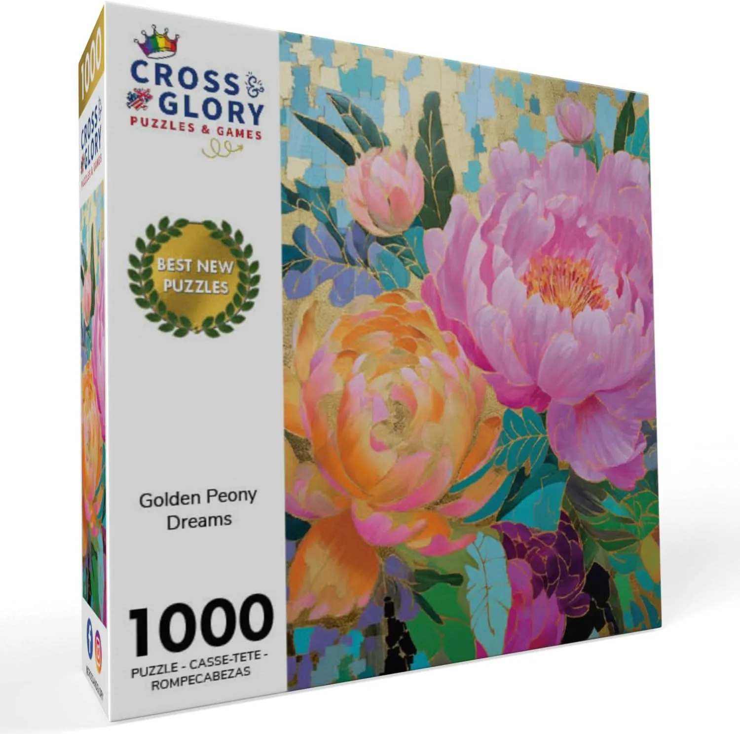 Gold Leaf Details | Premium Quality Cross & Glory - collaborate crucial twelve Golden Peony Dreams - 1000 Piece Jigsaw Puzzle for Adults | Vibrant Mosaic-Inspired Artwork with 