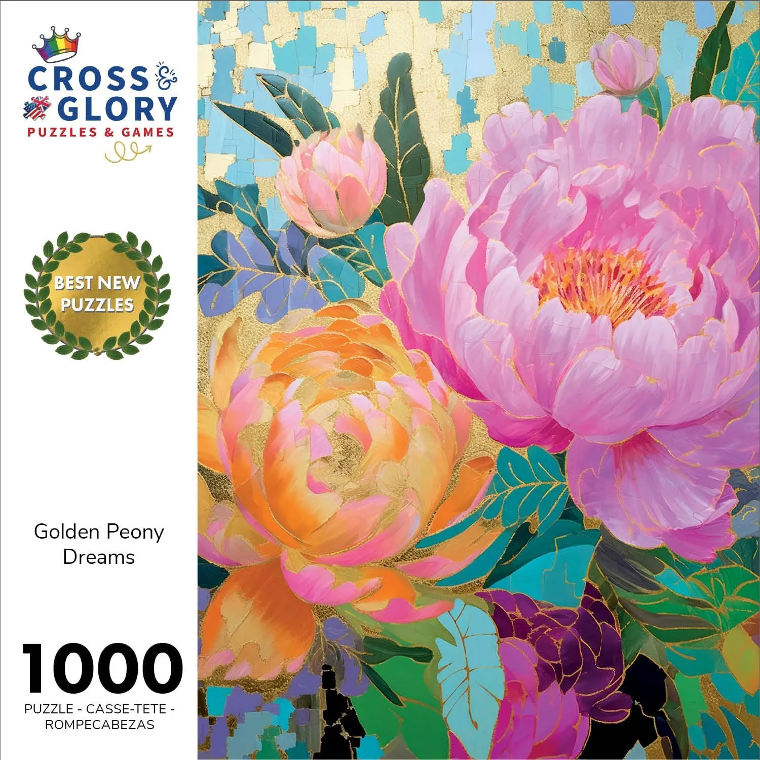 Gold Leaf Details | Premium Quality Cross & Glory - collaborate crucial twelve Golden Peony Dreams - 1000 Piece Jigsaw Puzzle for Adults | Vibrant Mosaic-Inspired Artwork with 