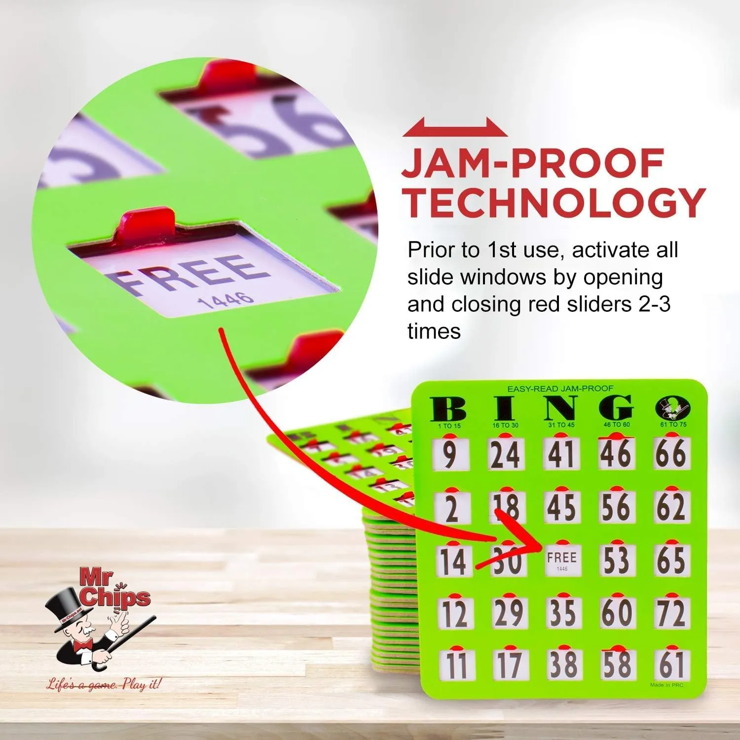 Green Style MR CHIPS Jam-Proof Bingo Cards with Sliding Windows, 25 Reusable Shutter Cards, 75 Calling chandler narrowly exposition Cards 1 Master Board in 