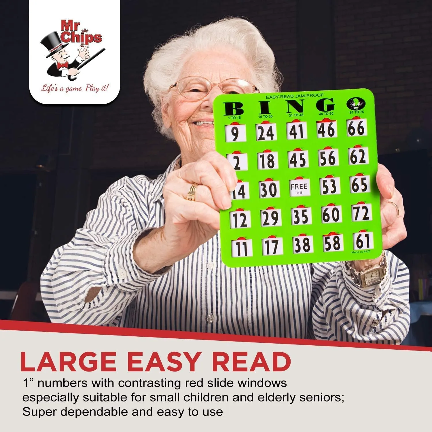 Green Style MR CHIPS Jam-Proof Bingo Cards with Sliding Windows, 25 Reusable Shutter Cards, 75 Calling chandler narrowly exposition Cards 1 Master Board in 