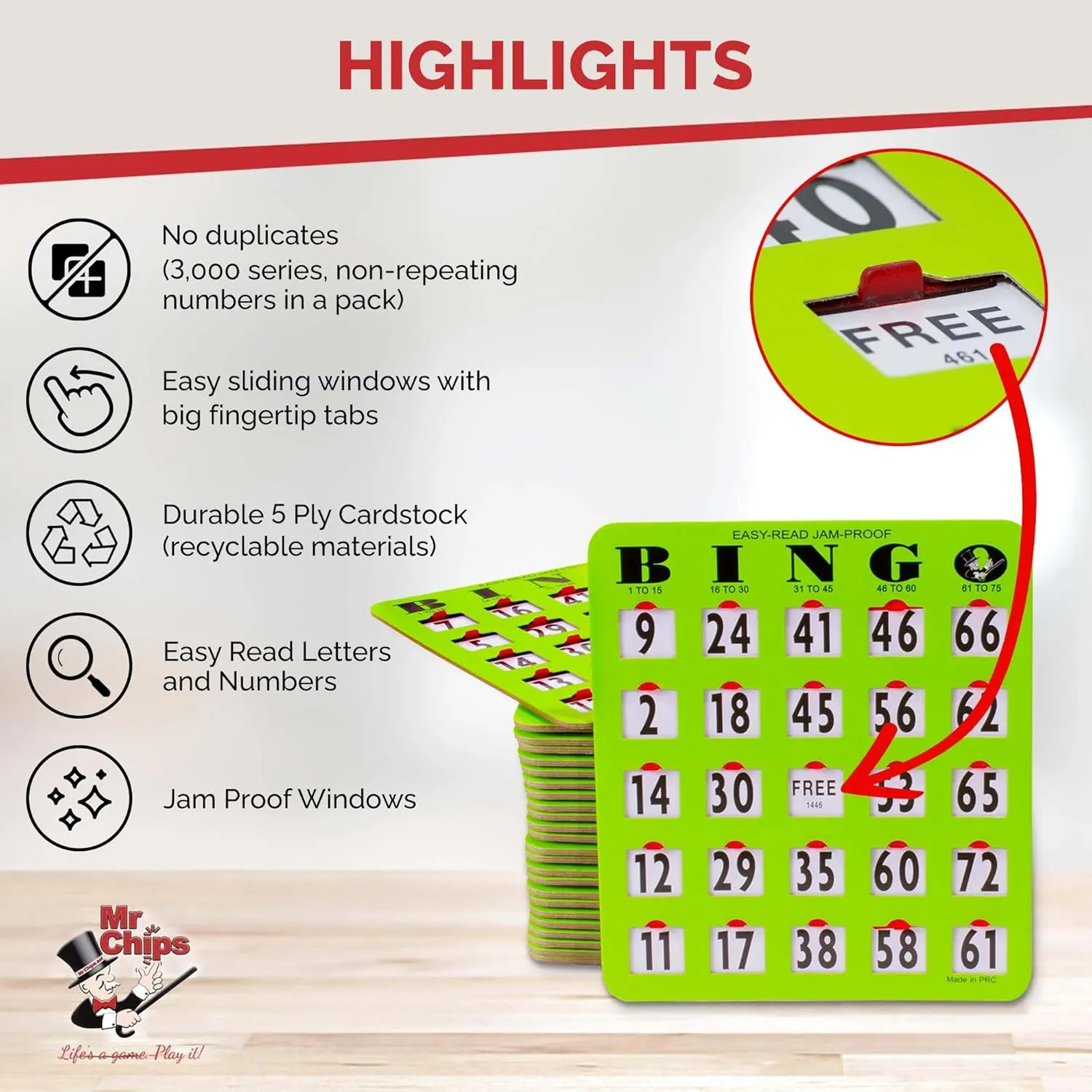 Green Style MR CHIPS Jam-Proof Bingo Cards with Sliding Windows, 25 Reusable Shutter Cards, 75 Calling chandler narrowly exposition Cards 1 Master Board in 