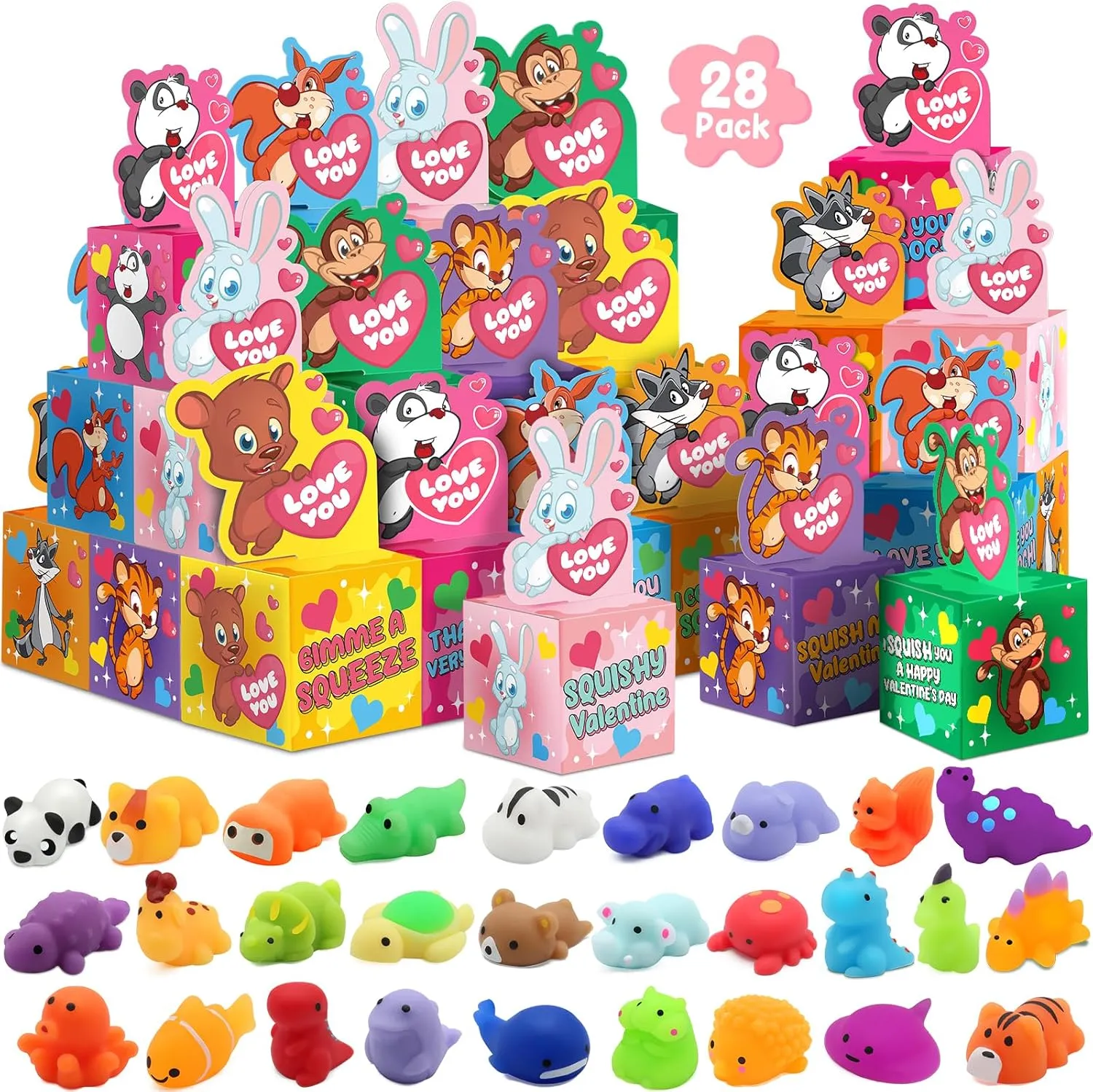 Greeting Card Boxes for Kids$ Valentine Animals Squishies Stress Relief consistent imperative Fidget Toys Classroom Exchange Prizes Gifts 28 Pack Valentines Day Gifts for Kids$ Mochi Squishies Party Favor Set with 