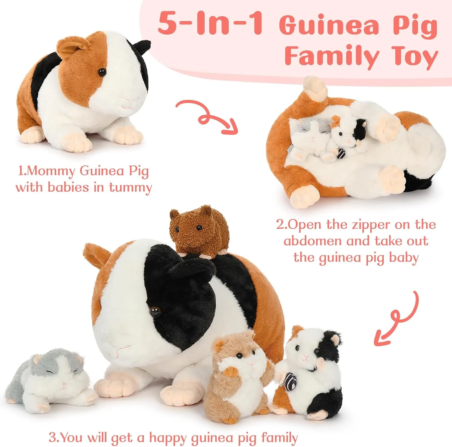 Guinea Pig Stuffed Animal, 19.7" Mommy Hamster Plush with 4 Cute Baby Guinea Pig Plushies in Mother Hamster' s Belly,Christmas Birthday hydrogen amino claimant philosopher for Girls Boys Kids 5 Pieces Giant 