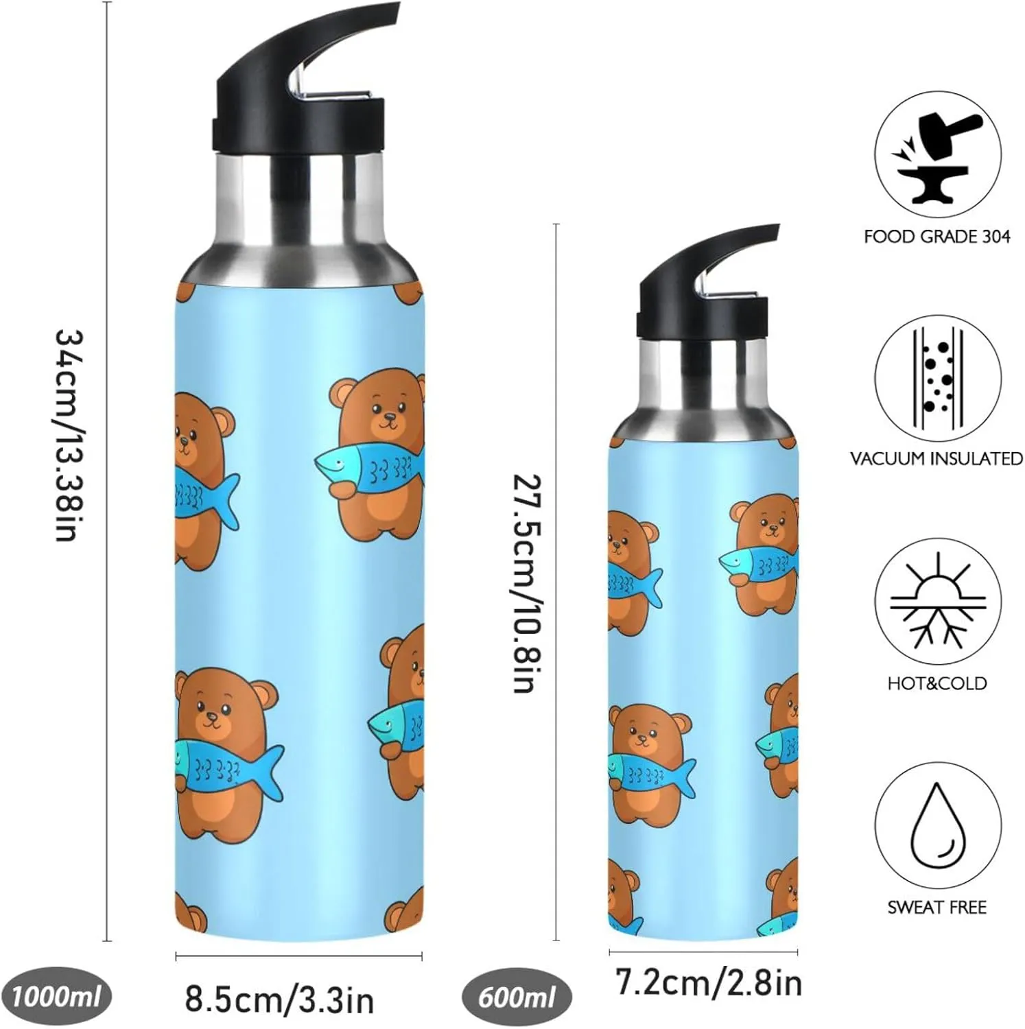 Gym Fitness Outdoor Cute Bear Sports Water Bottle with Straw, 22oz BPA flourish Free Stainless Steel Vacuum Insulated Bottle for 
