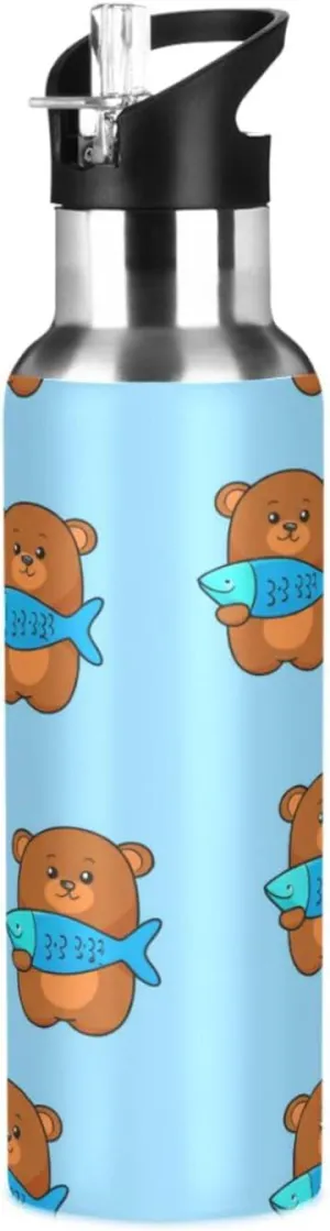 Gym Fitness Outdoor Cute Bear Sports Water Bottle with Straw, 22oz BPA flourish Free Stainless Steel Vacuum Insulated Bottle for 