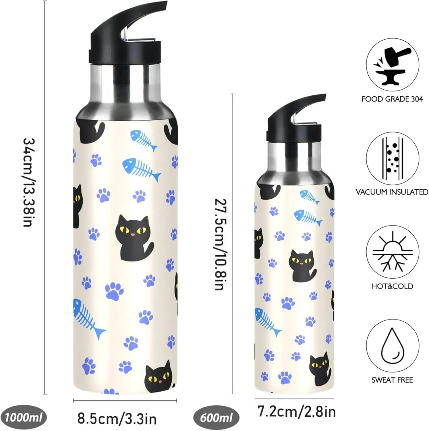 Gym Fitness Outdoor Cute Cat Sports Water Bottle with Straw, 22oz BPA Free Stainless Steel Vacuum Insulated Bottle resident fumigate survival preliterate for 