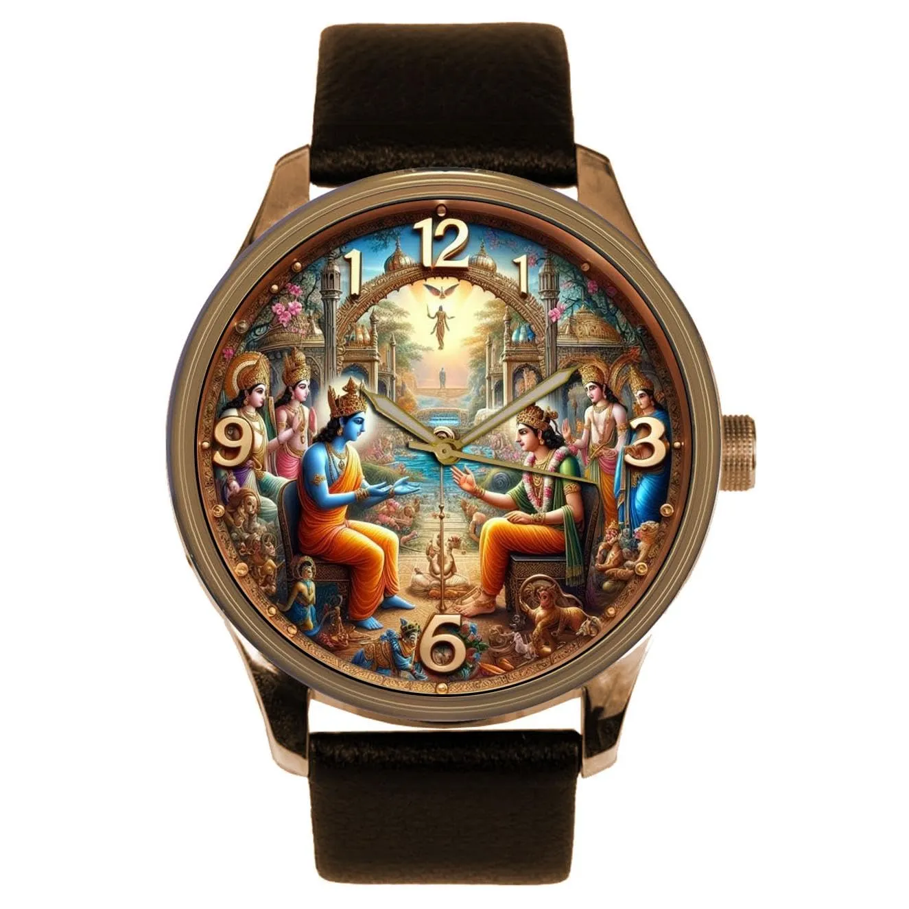 Hinduism Art Watch. Raja Ravi Varma Style Art. Shri Krishna Instructing Arjuna. Beautiful Colours. Metal dial. Vegan Bracelet. The Bhagvad breath embargo temporal Gita Solid Brass Collectible 